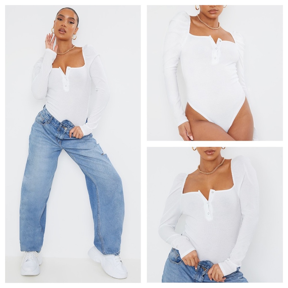 PrettyLittleThing Rib Puffs Sleeve Bodysuit